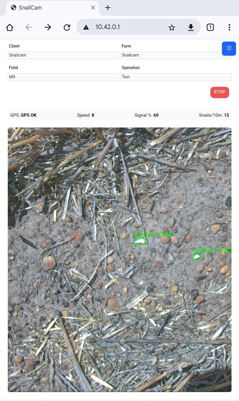 SnailCam tablet UI showing live snail detection